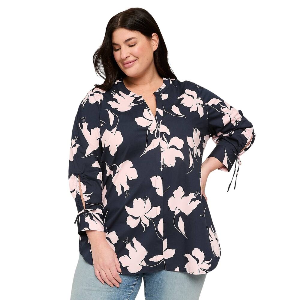 Lane Bryant Button Up V-Neck Adjustable Sleeve Blouse Top Blue Pink 26/28